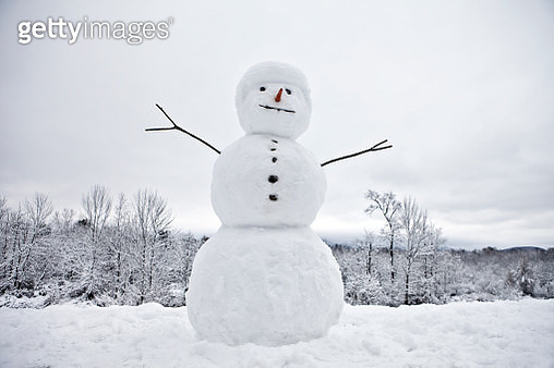 Snow Man with tree line and white sky - gettyimageskorea
