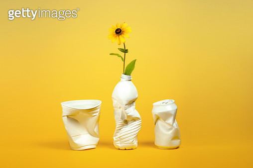 White plastic containers for recycling (cup, bottle, can) repurposed as vases with yellow coneflower on a yellow background. - gettyimageskorea